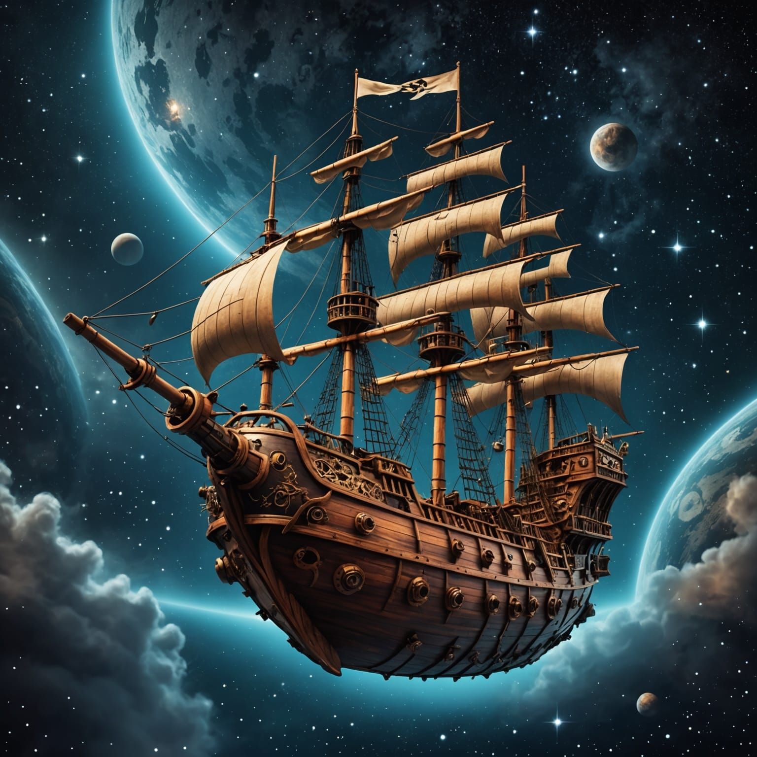 Steampunk Pirate Ship Drifting in Space