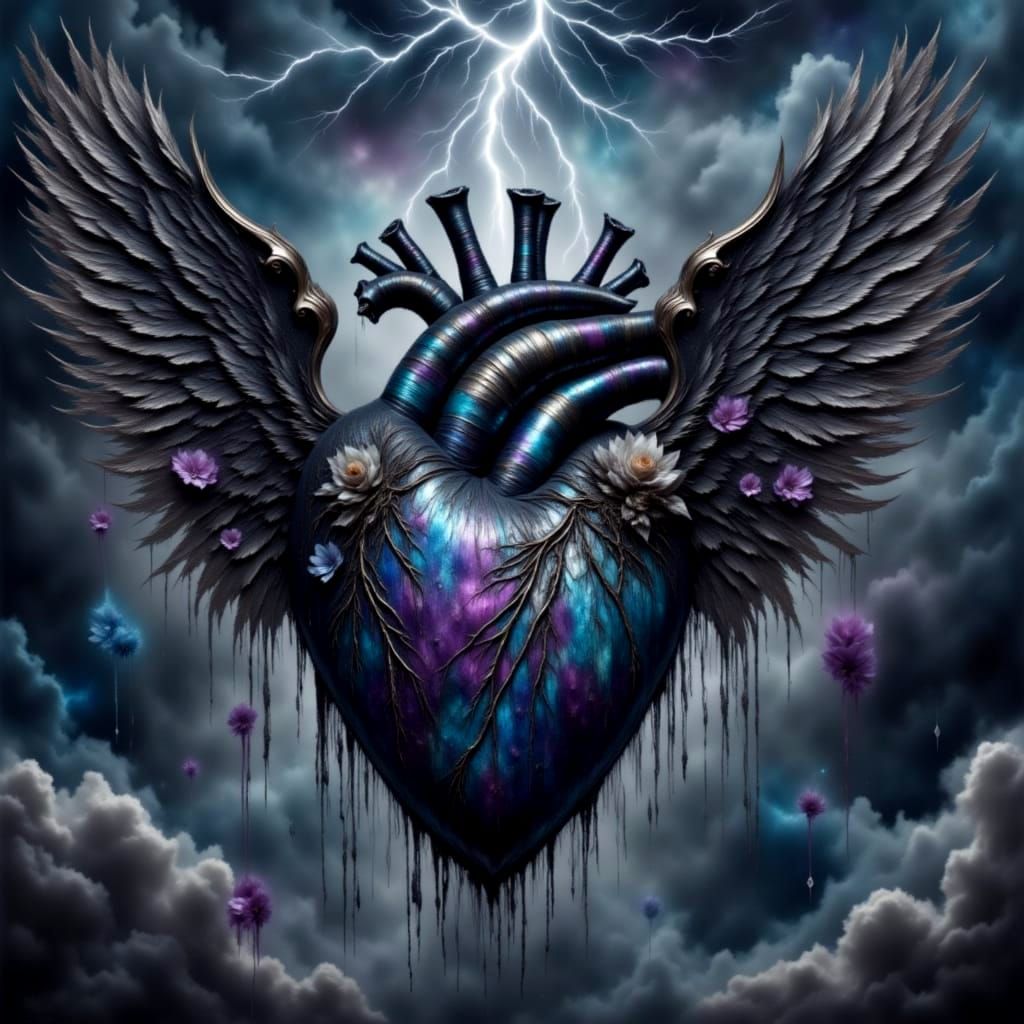 Winged Metallic Heart Flies Through Stormy Gothic Art