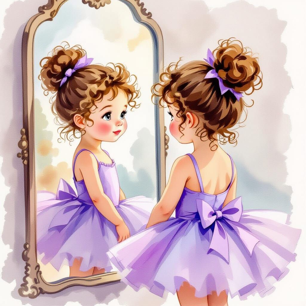 Cute Girl in Purple Tutu Posing in Vintage Mirror