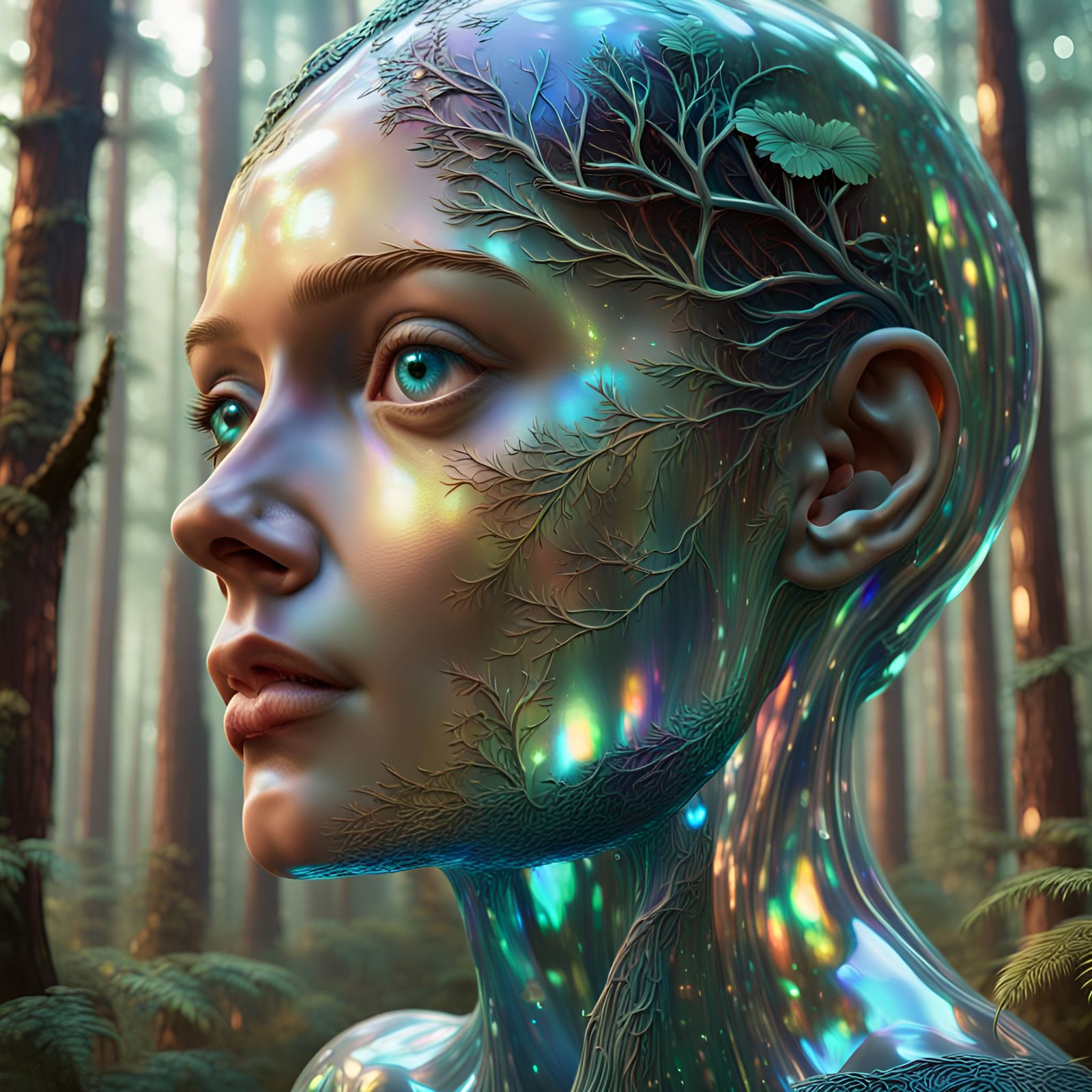 Holographic Figure in a Futuristic Forest