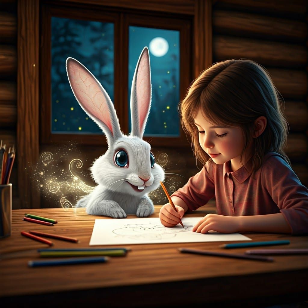 Magical Rabbit Emerges in Cozy Cabin Scene