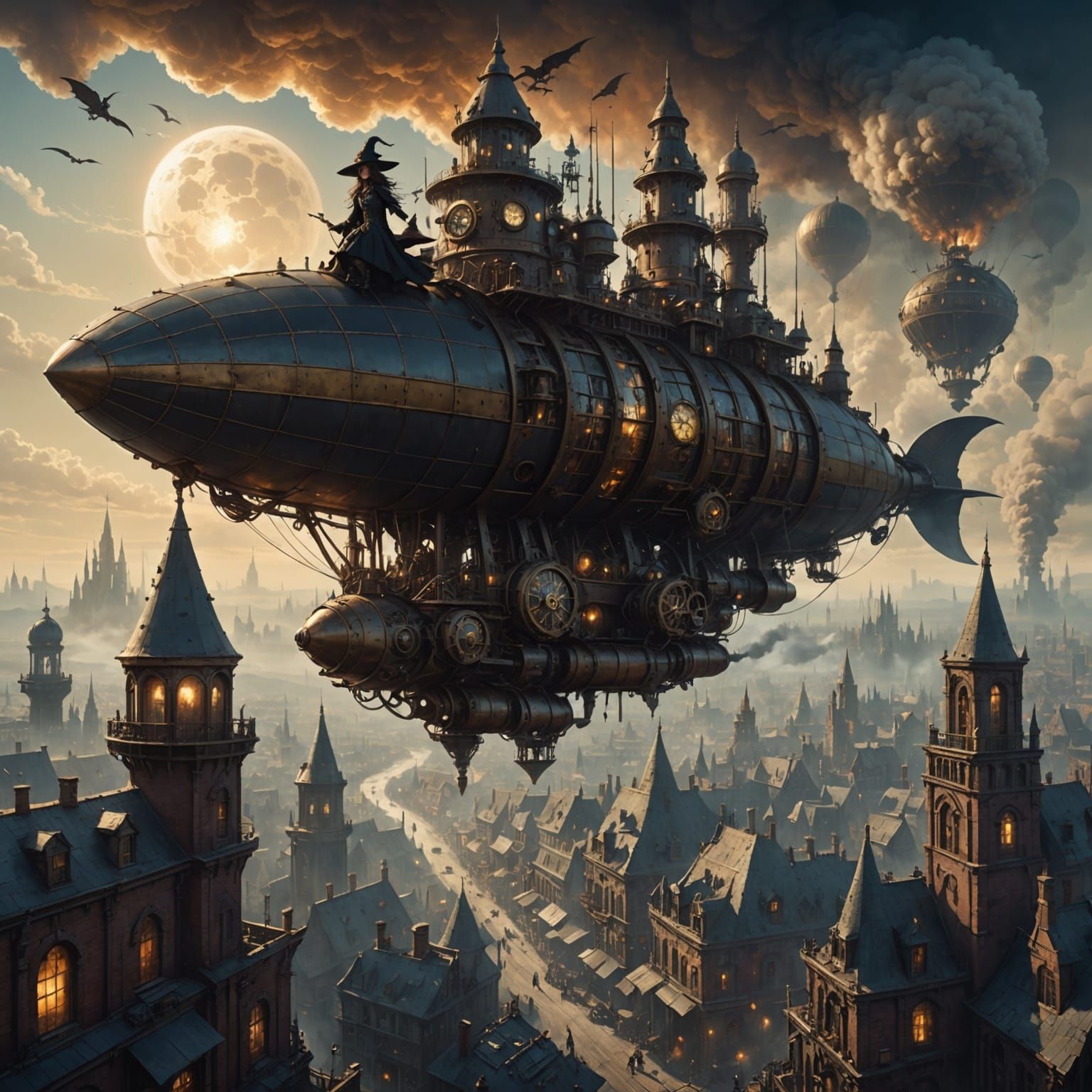 Steampunk Witch on Clockwork Tower in Smoggy City