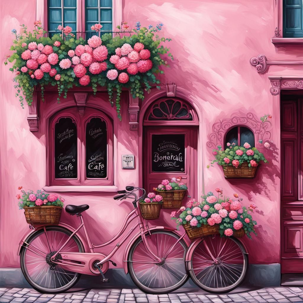 Pink bicycle with flowers near a pink facade of cafe in beau...
