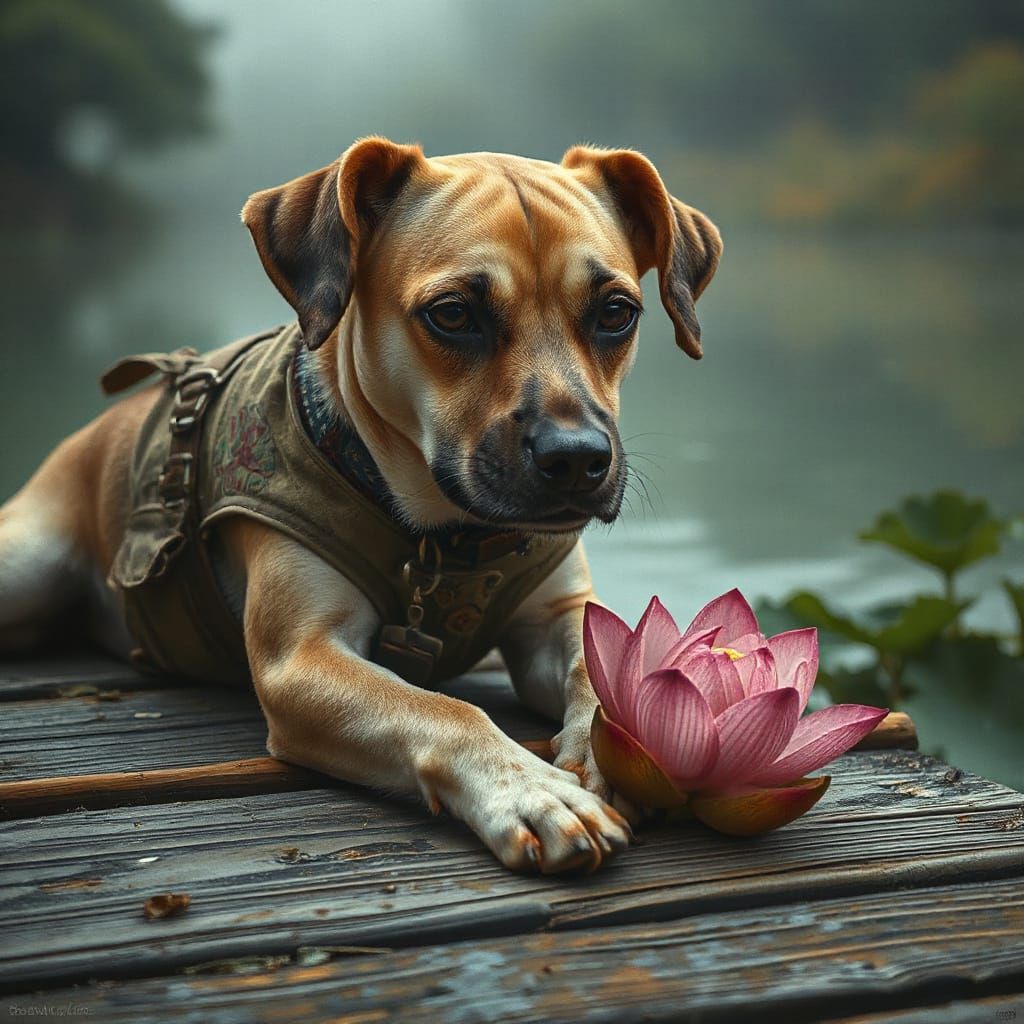 Serene Dog on Weathered Dock, Lotus Flower in Soft Focus