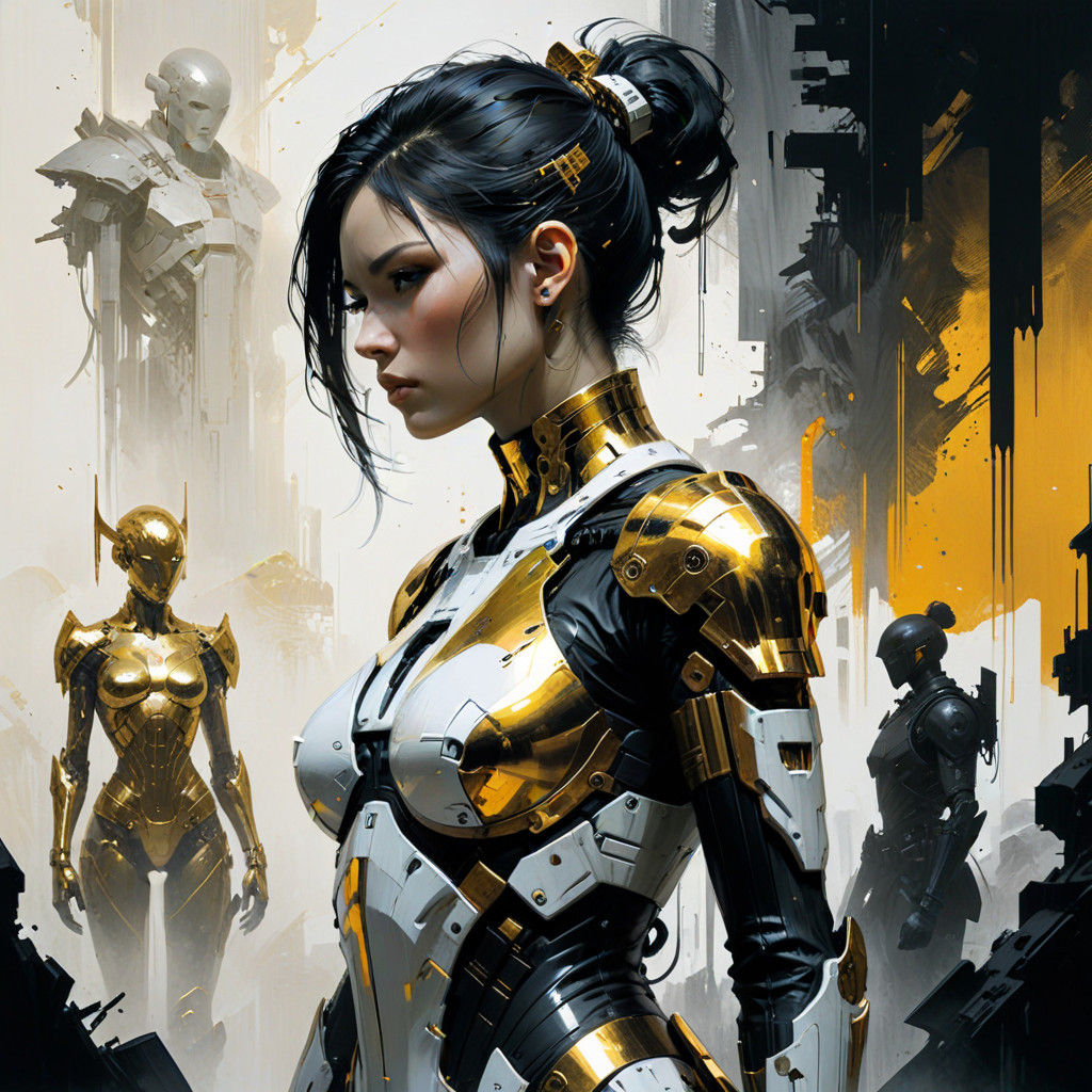 beautiful Cyberpunk Female warrior looking at small warrior silhouette, Stunning, dramatic, gold white and black, vivid,...