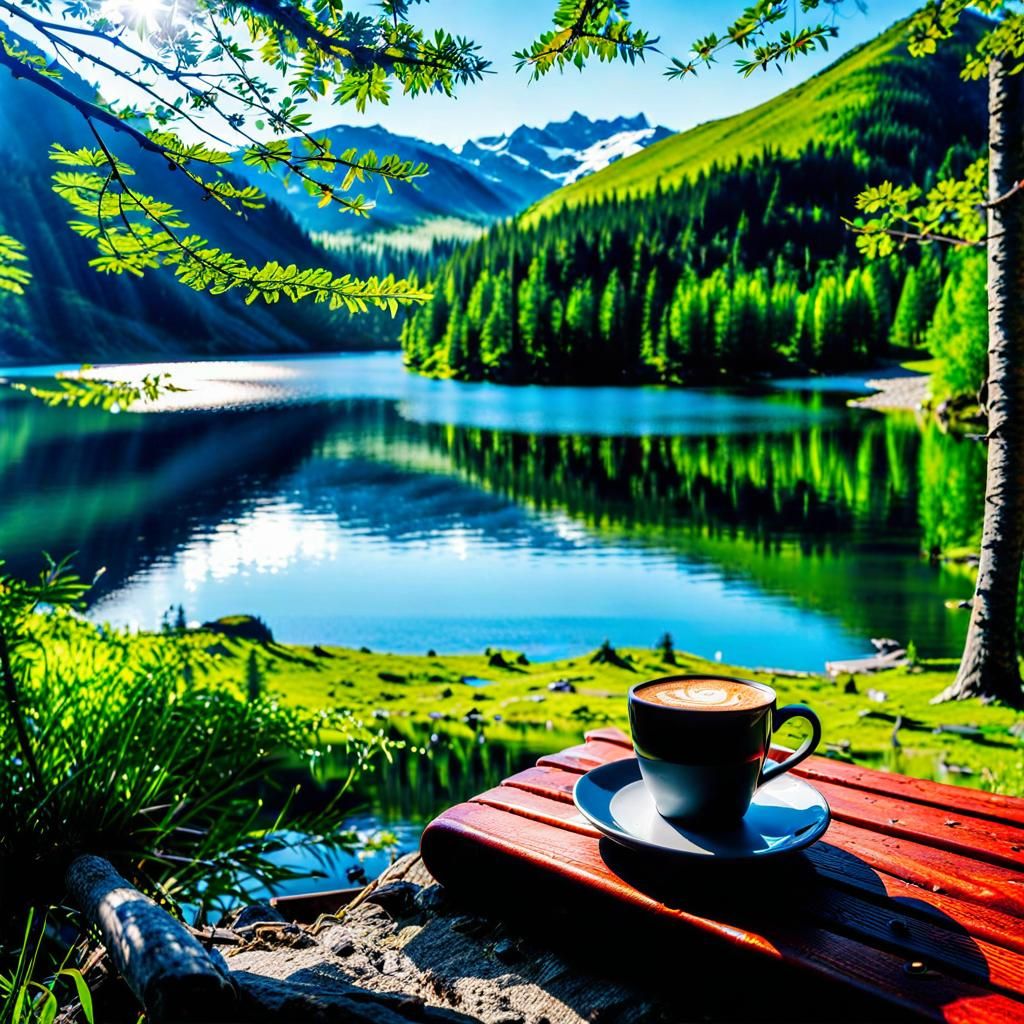 Mountain Campsite Coffee Break on Spring Morning