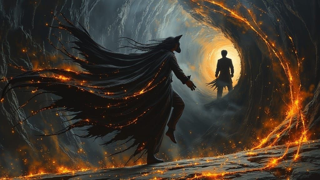 Magician and Wolf on Spider-Web in Cave