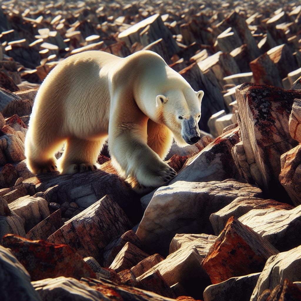 Polar Bear Navigating Rocky Terrain in Sunlight