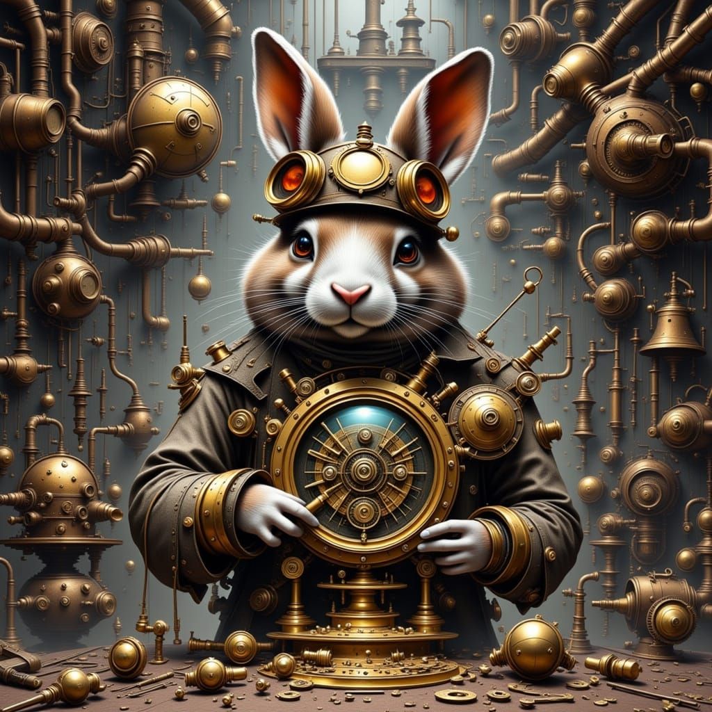 Steampunk Rabbit Engineer with Goggles and Gears