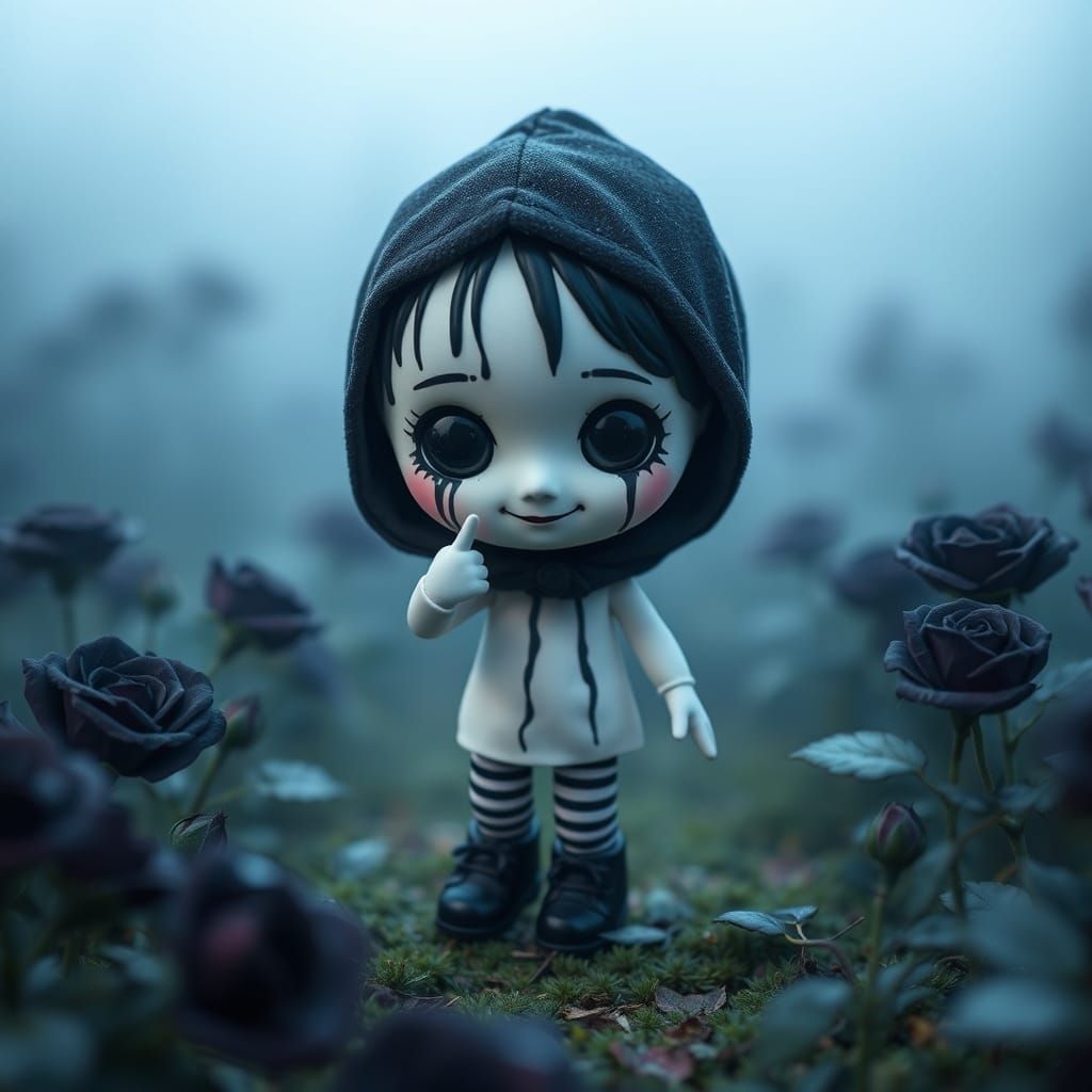 Adorable Chibi Mime Doll in Misty Rose Field