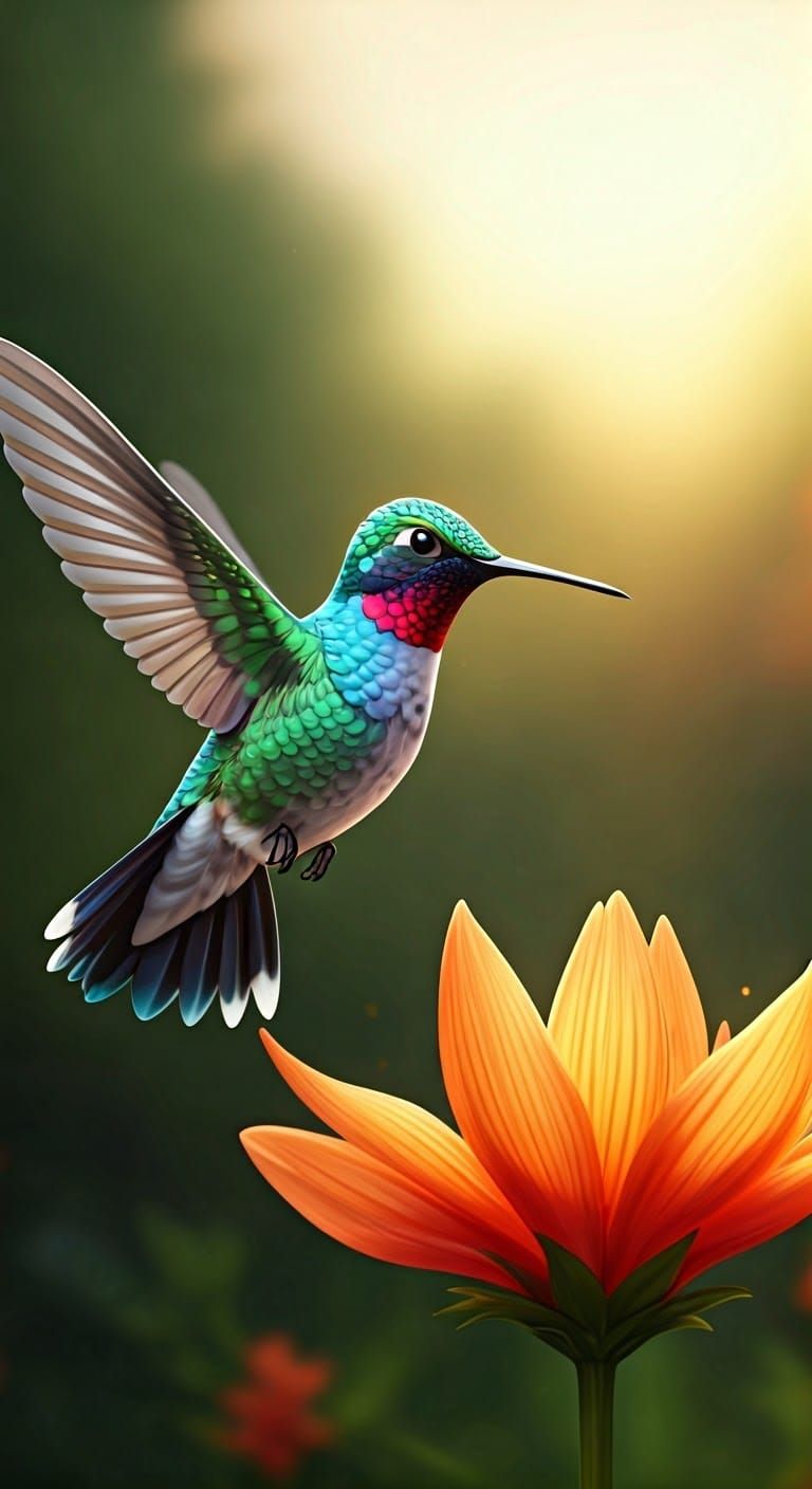 Iridescent Hummingbird in Anime Style with Exotic Flower