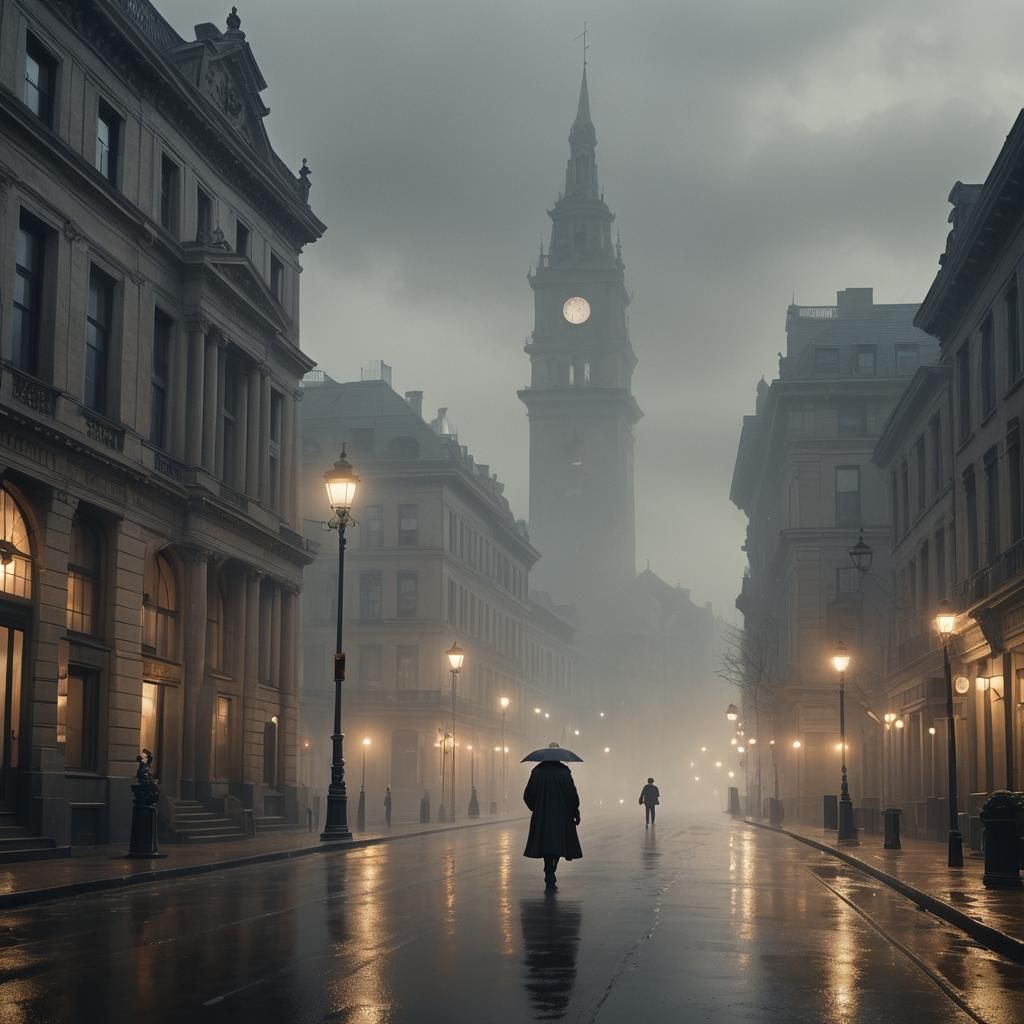 Foggy City Street in Neoclassical Style
