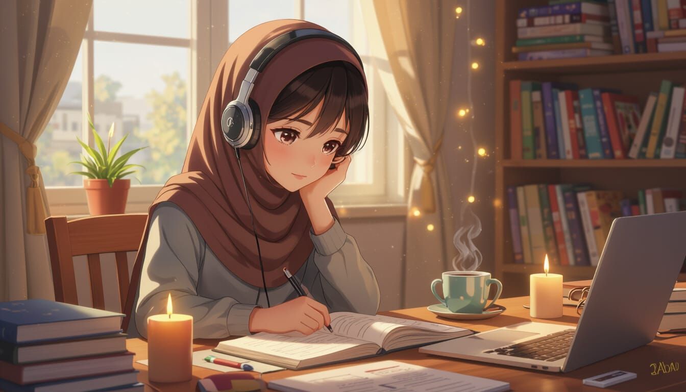 Muslim Girl Studying in Cozy Bedroom, 3D Anime Style