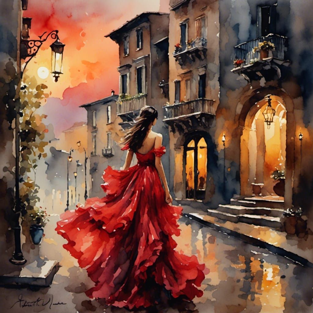 Exotic Woman in Italy: Antique Watercolor Painting
