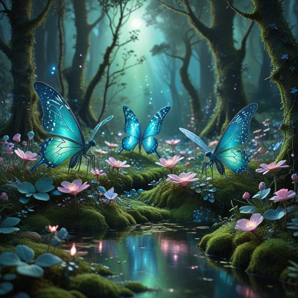 Fairies and Animals in Starry Night Fantasy Forest