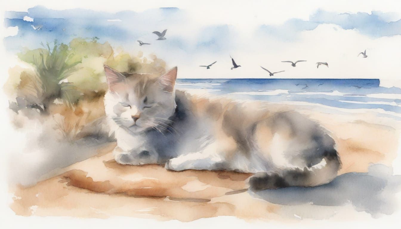 Watercolor Cat Napping on Beach with Birds