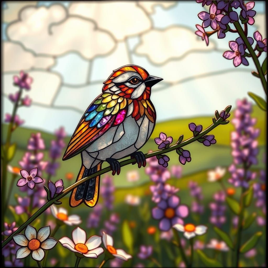 Stained Glass Sparrow on Lavender Branch, Pre-Raphaelite Sty...