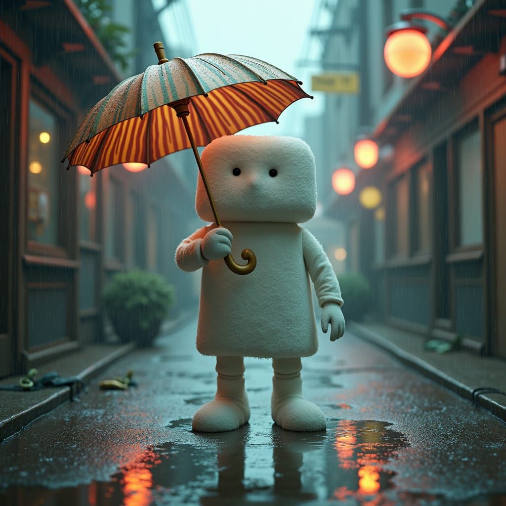 Sugar Cube Man in Rainy Alley: Surreal Art