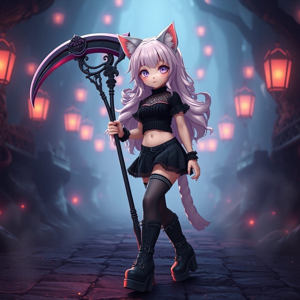 Anime Catgirl Reaper in Gothic K-Pop Style