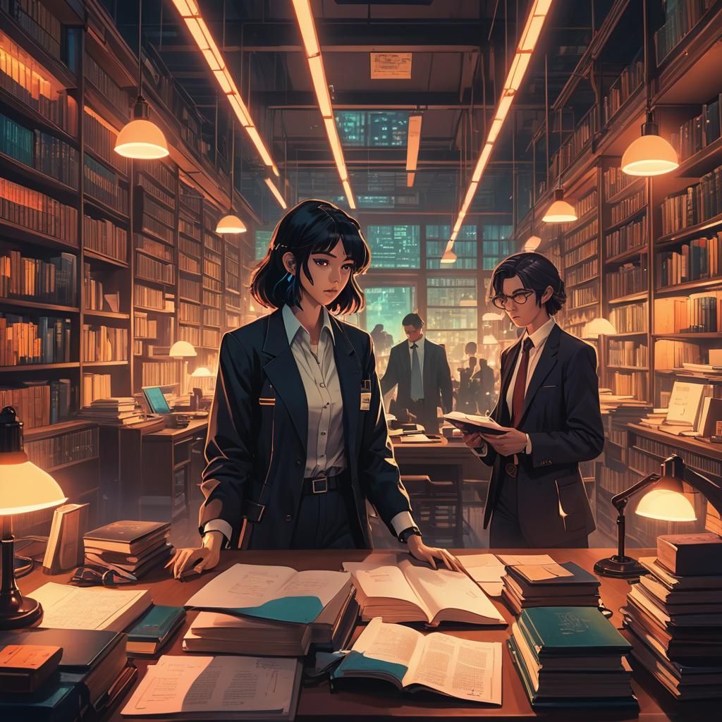 1980s Cyberpunk Lawyers in Crowded Library