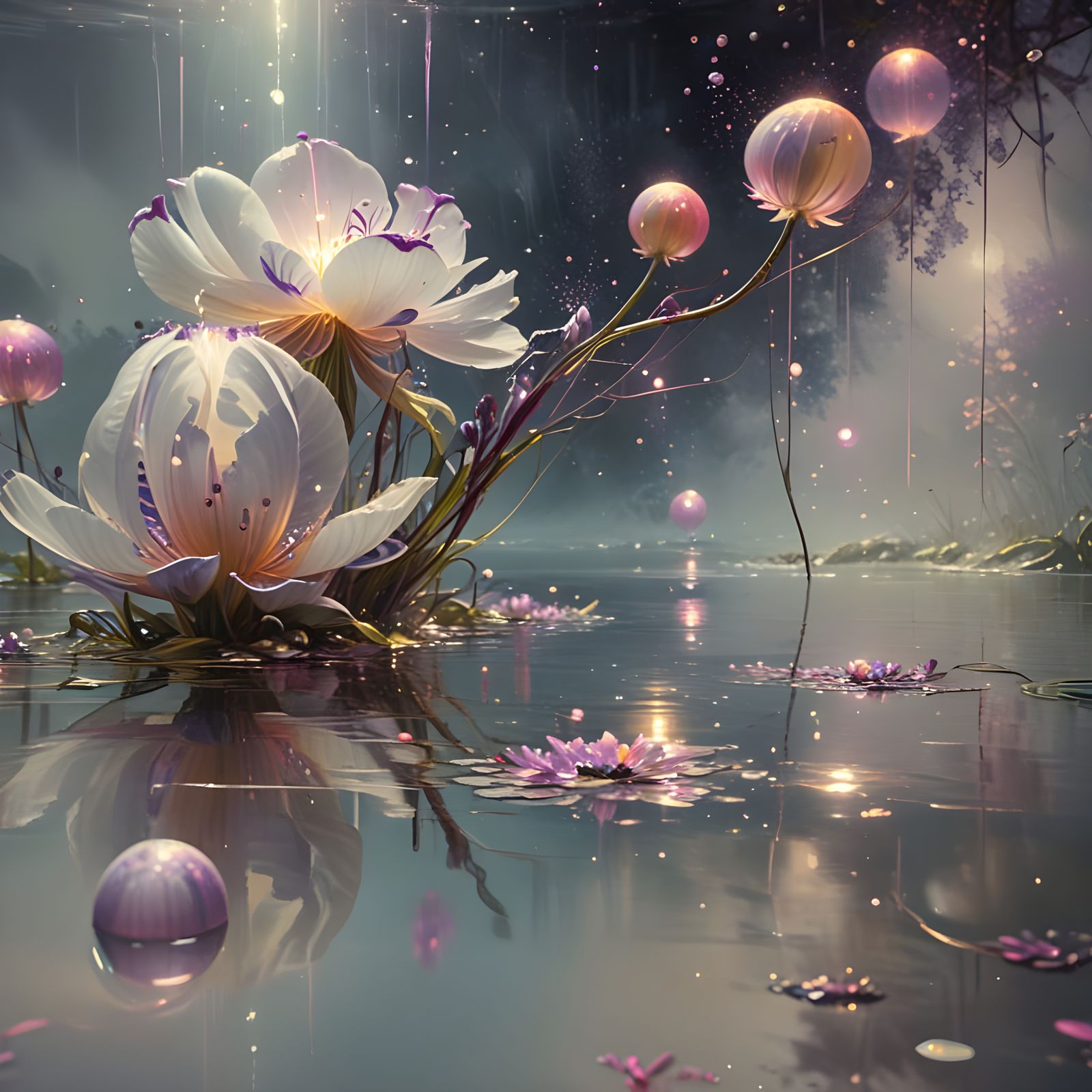 Bioluminescent Landscape with Fog in Impasto Style