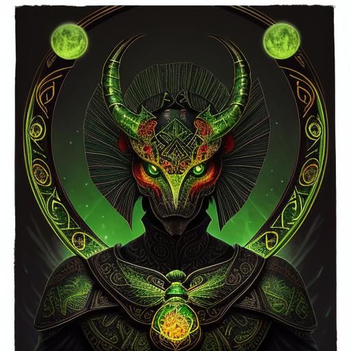 Stunning Celtic beetle entirely covered with traditional Celtic tattoos. Green eyes and scales. Red moon, fire, flames. ...