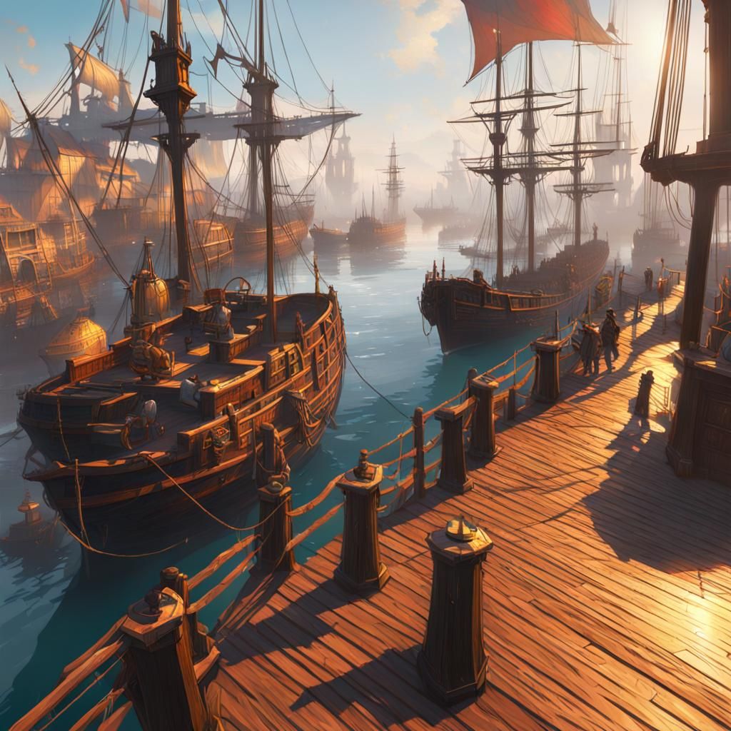 Open Docks with Ships: Dynamic Lighting Concept Art