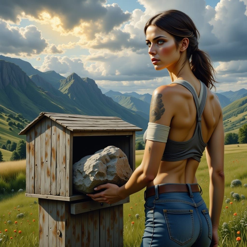 Woman Places Rock in Mailbox Amidst Dramatic Landscape