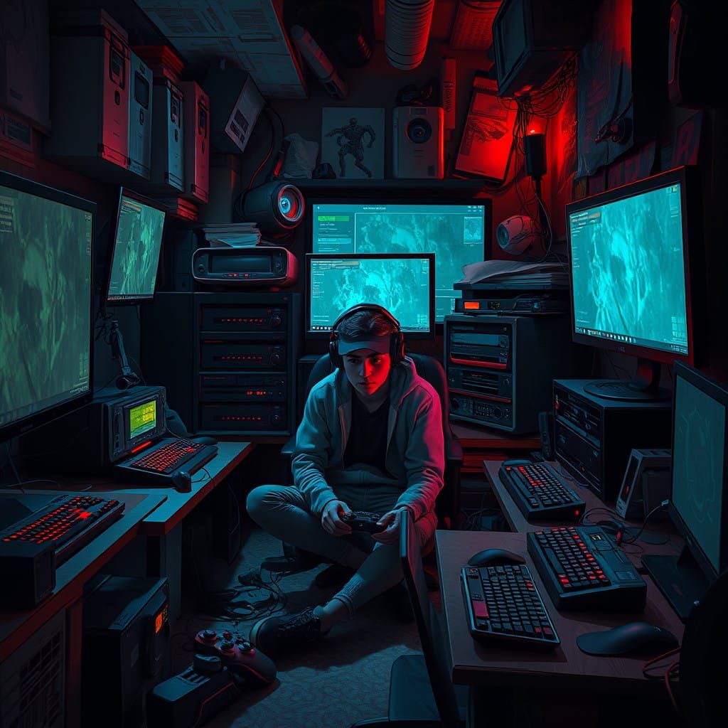Gritty Neon-Lit Gamer in Cyberpunk Den