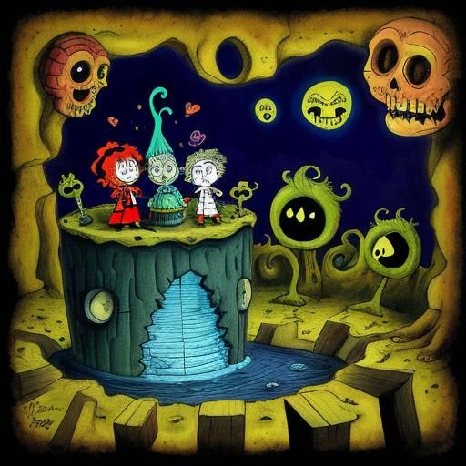 Character Stuck in a Well in Burton-esque Style