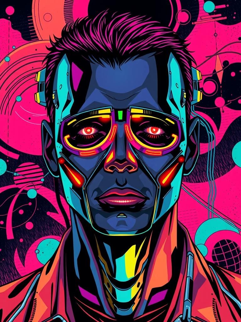 Pop Art Portrait with Futuristic Circuitry