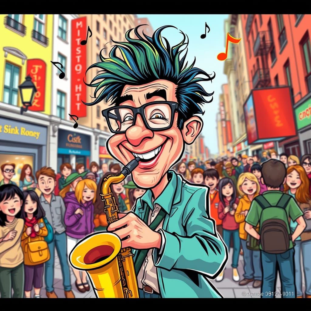 Cheerful Saxophone Player Caricature in Lively City Square