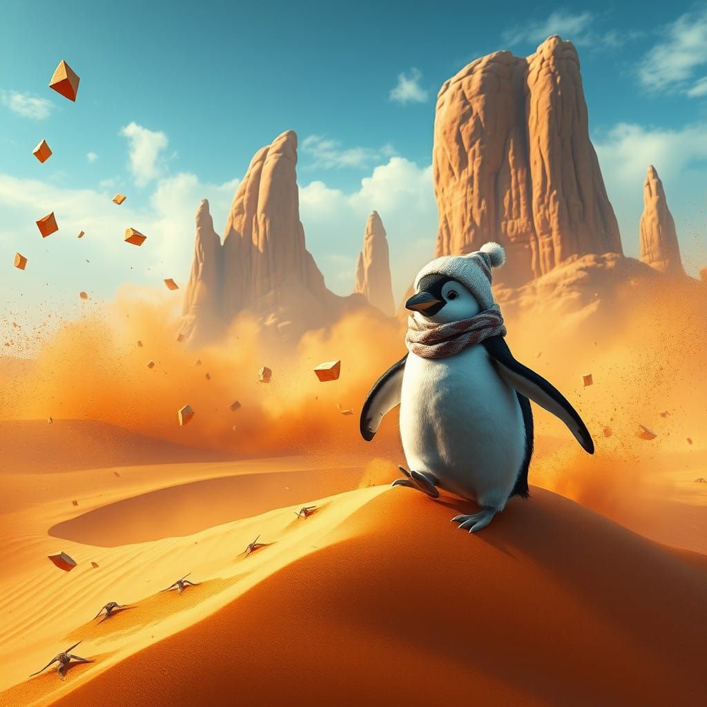 Penguin in Turbulent Sandstorm Landscape