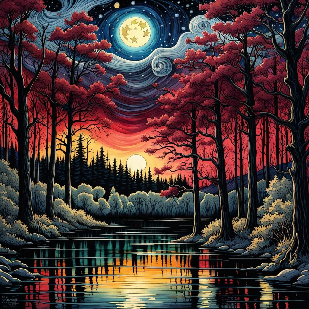 Gothic Starry Night Forest in Watercolor Style