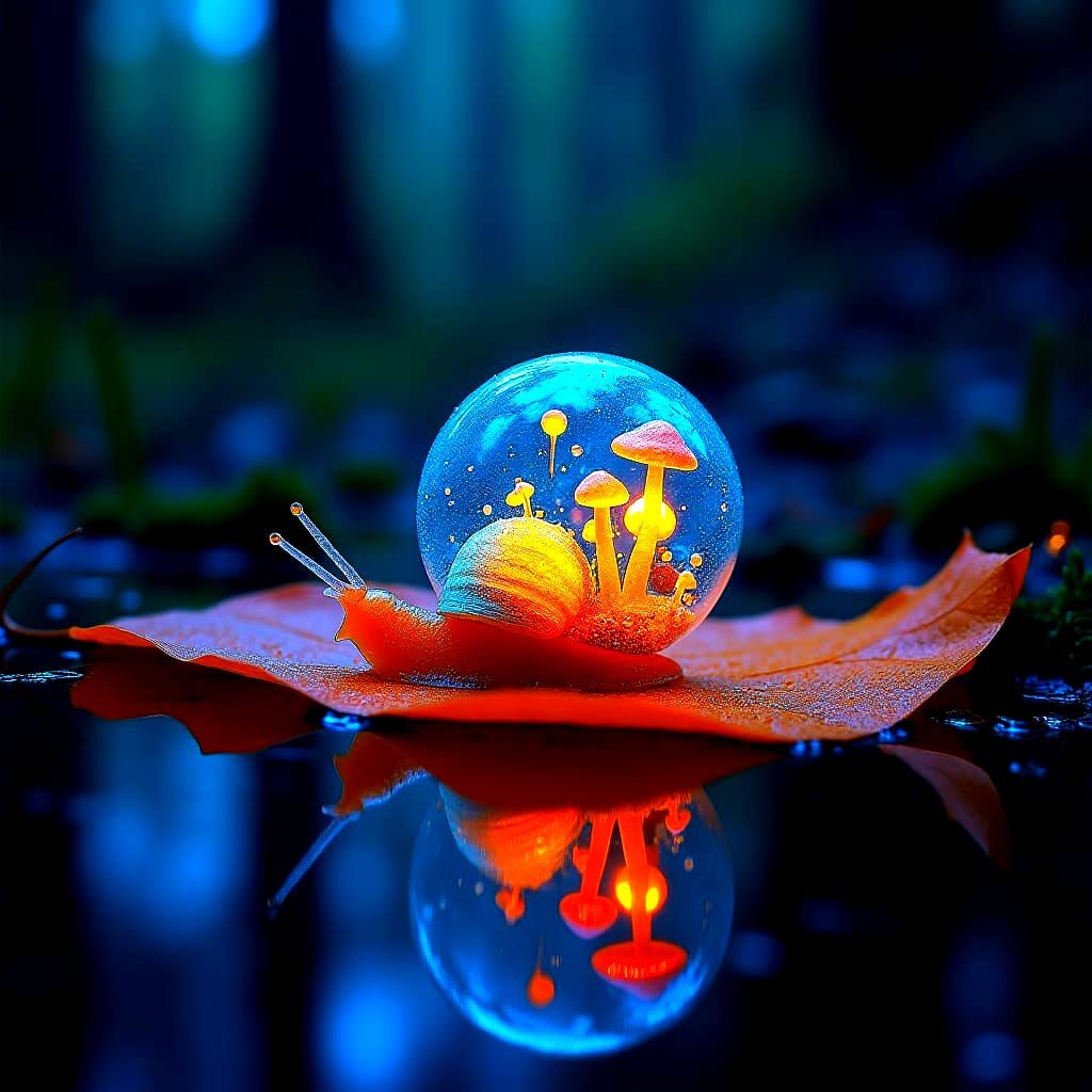 Surreal Double Exposure of a Glowing Snail in a Miniature Fa...