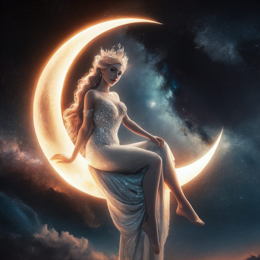 Celestial Goddess on Crescent Moon in Starry Sky