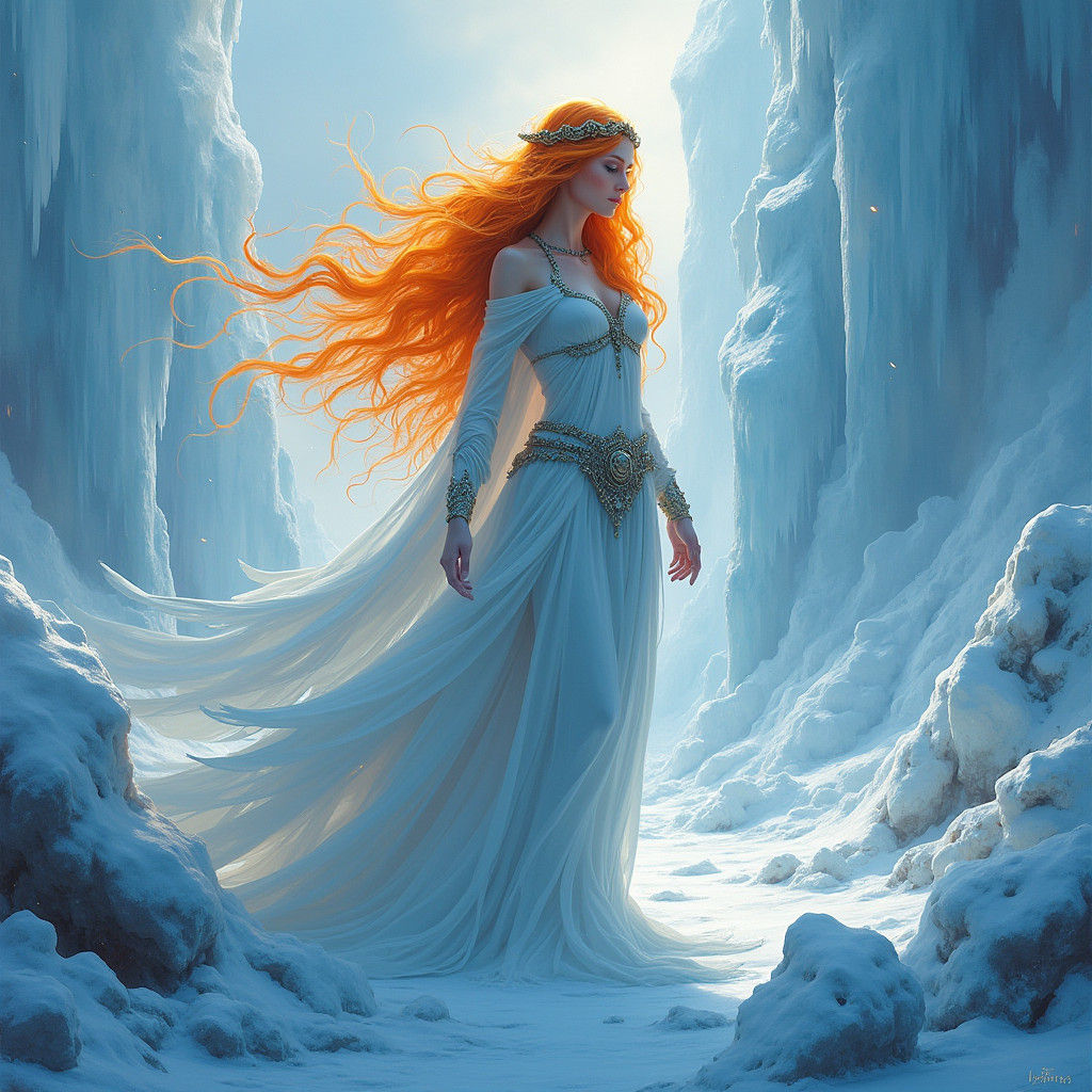 Goddess of Ice and Fire in a Shimmering Frozen Landscape