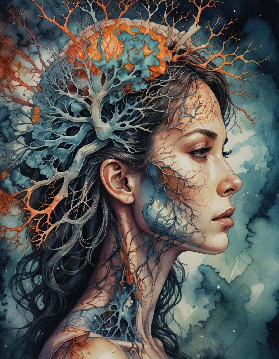 Surreal Digital Portrait with Mycelium Double Exposure