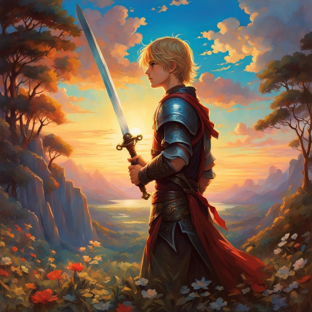 Fairytale Boy with Sword in Waterhouse Style