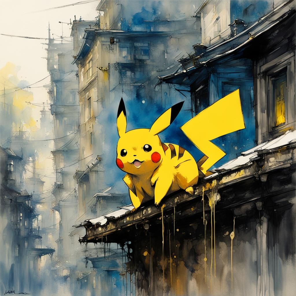 Pikachu on a Hot Tin Roof: Detailed Watercolor Art