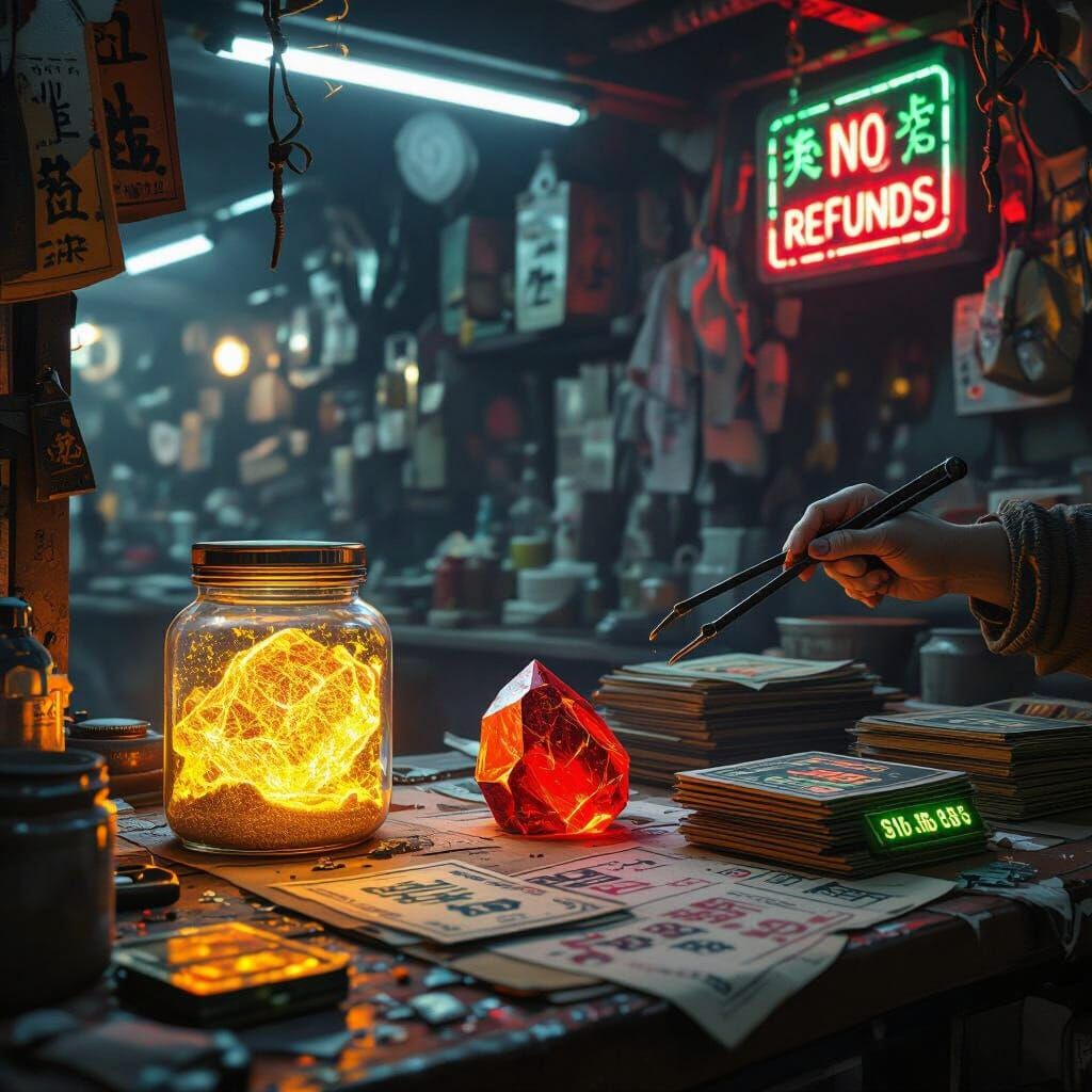 Jade Market Stall with Mystic Wares and Neon Signs