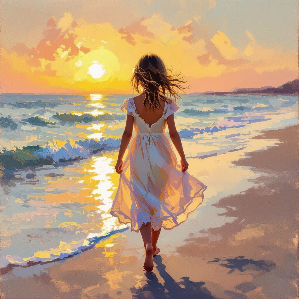 Girl in Flowing Dress Walks Ocean Side at Sunset