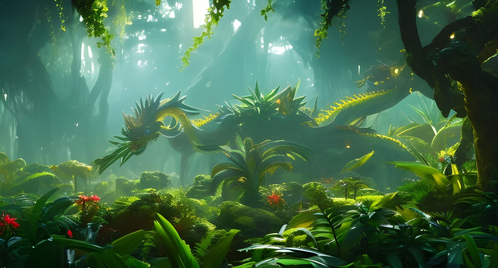 Golden Dragon in Overgrown Forest Concept Art
