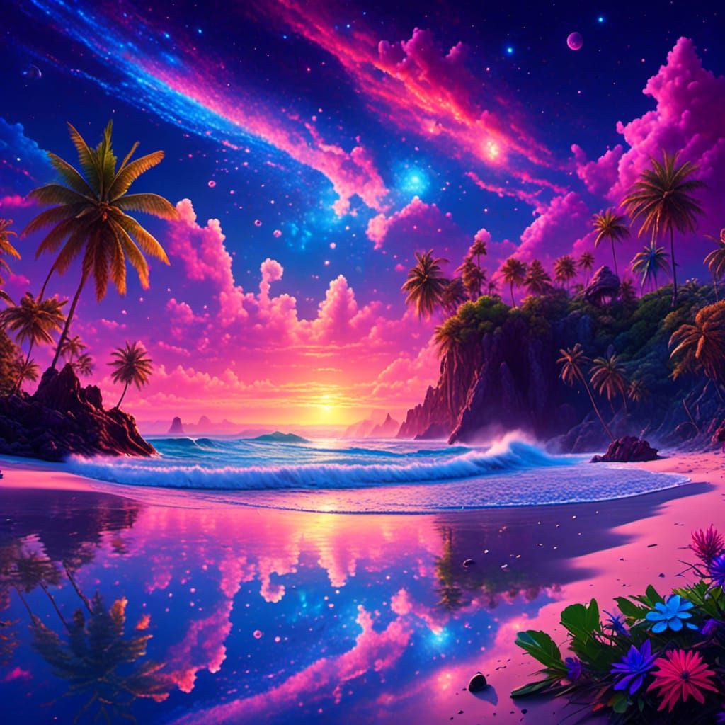 Psychedelic Paradise: HD Beach Landscape at Night