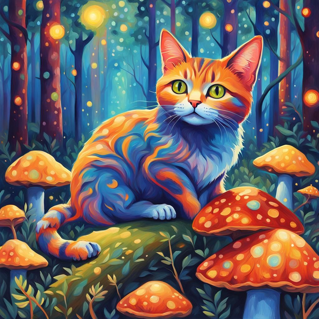 Fairy Cat in Forest, Fauvist Painting Style