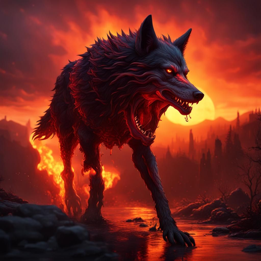 Nightmare Wolf in Burning Sunset: Fantasy Concept Art