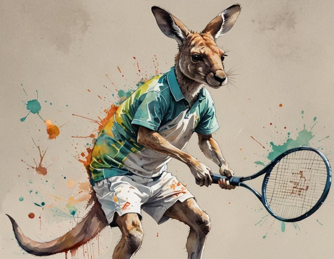 Kangaroo Tennis Player in Watercolor Manga Style