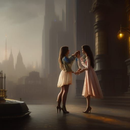 Two Women Kissing with Engagement Ring, Art Nouveau Style