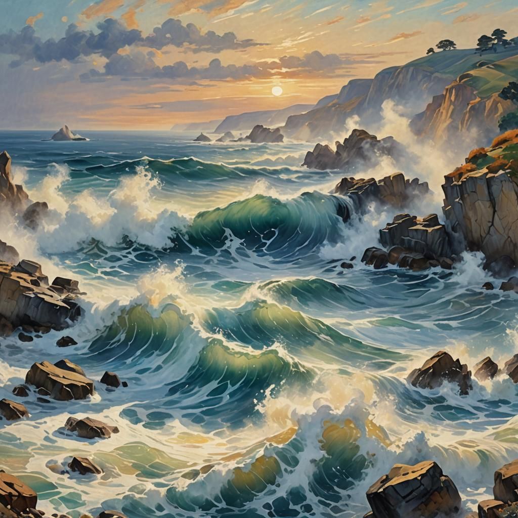 Dawn Waves Crashing on Rocky Coastline as Impressionist Art
