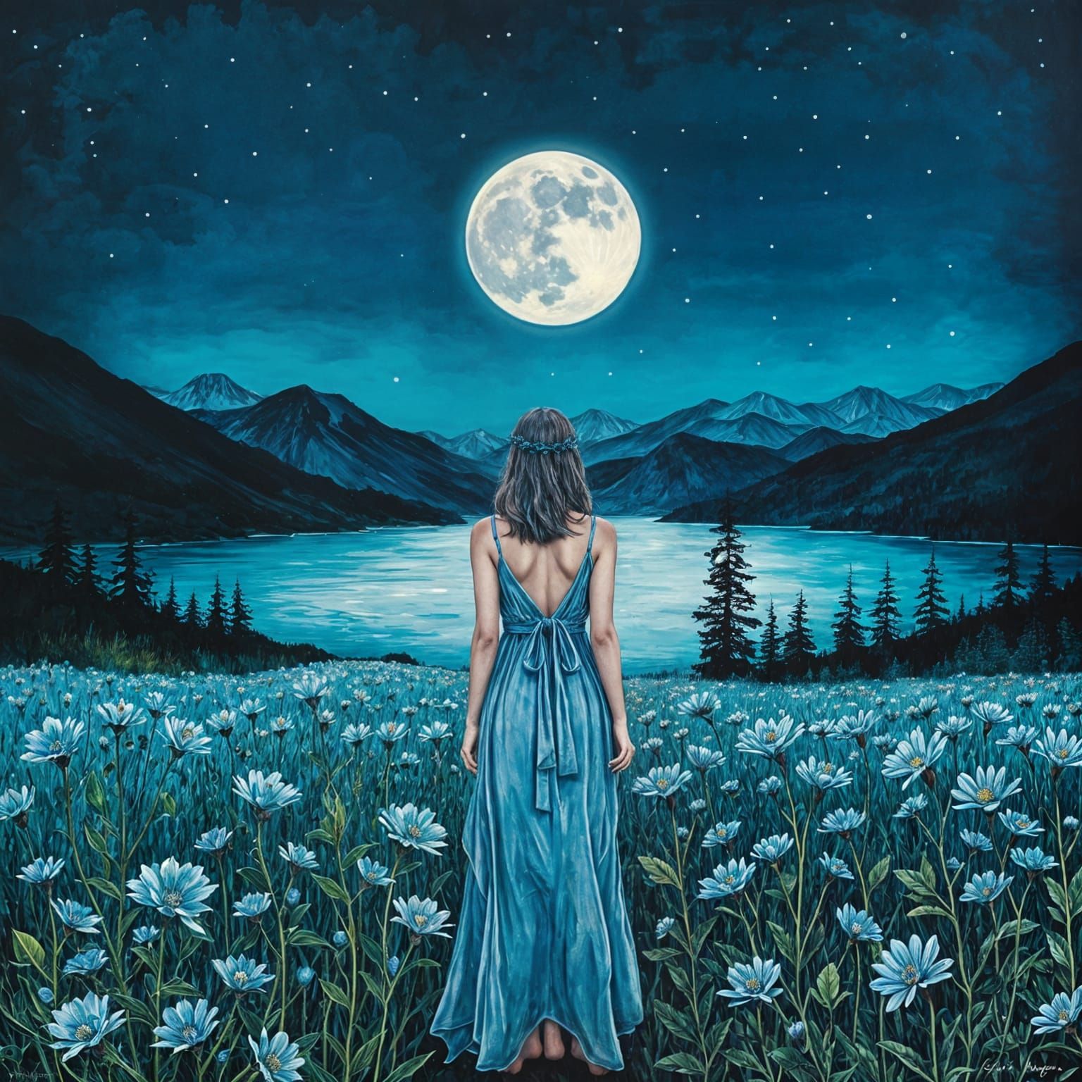 Blue Flowers Against Dark Sky: Surreal Impressionistic Art